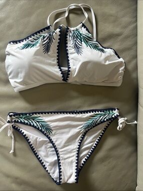 Aqua White Embroidered Palm-Trim Bikini Set